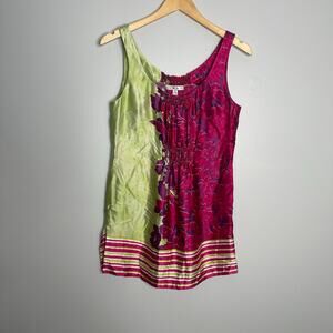 Cabi Women's Cosmo‎ Floral Print 100% Silk Pink Green Sleeveless Tunic Blouse S